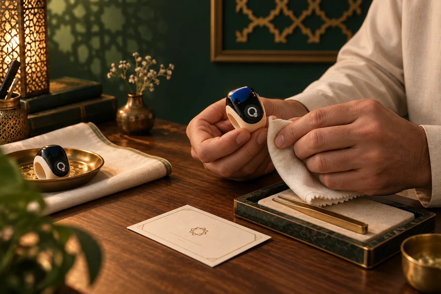 A digital Tasbeeh counter being carefully inspected and polished by hand
