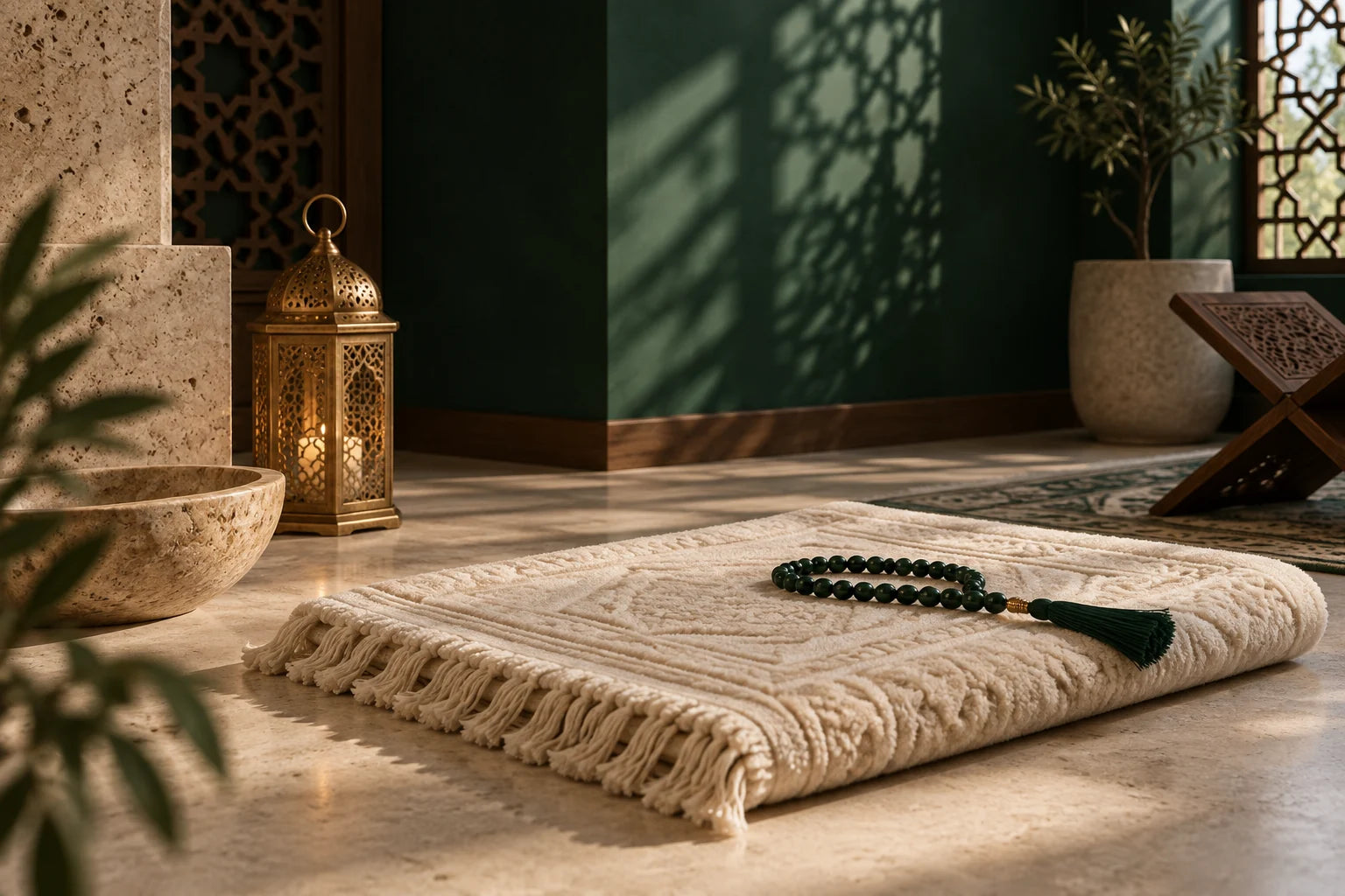 A serene prayer setting with a prayer mat and Tasbeeh beads